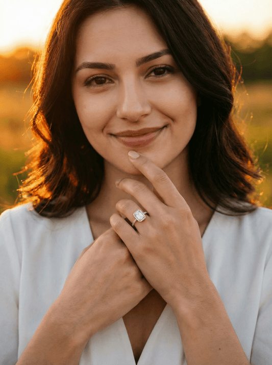 Emerald Halo Half Pavé Diamond Engagement Ring - Moissanite Engagement Rings