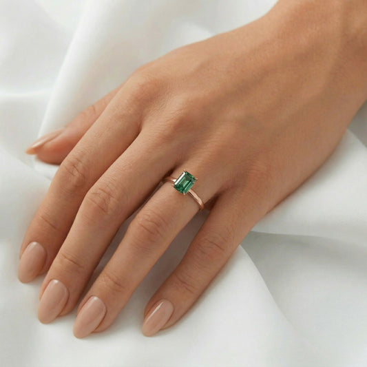 Emerald Cut Emerald Coloured Solitaire Moissanite Engagement Ring