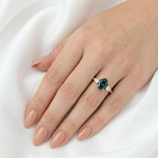 Oval Green Leaf Setting Moissanite Engagement Ring