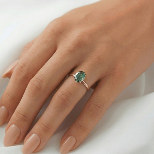 Oval Solitaire Blue-Green Emerald Moissanite Engagement Ring