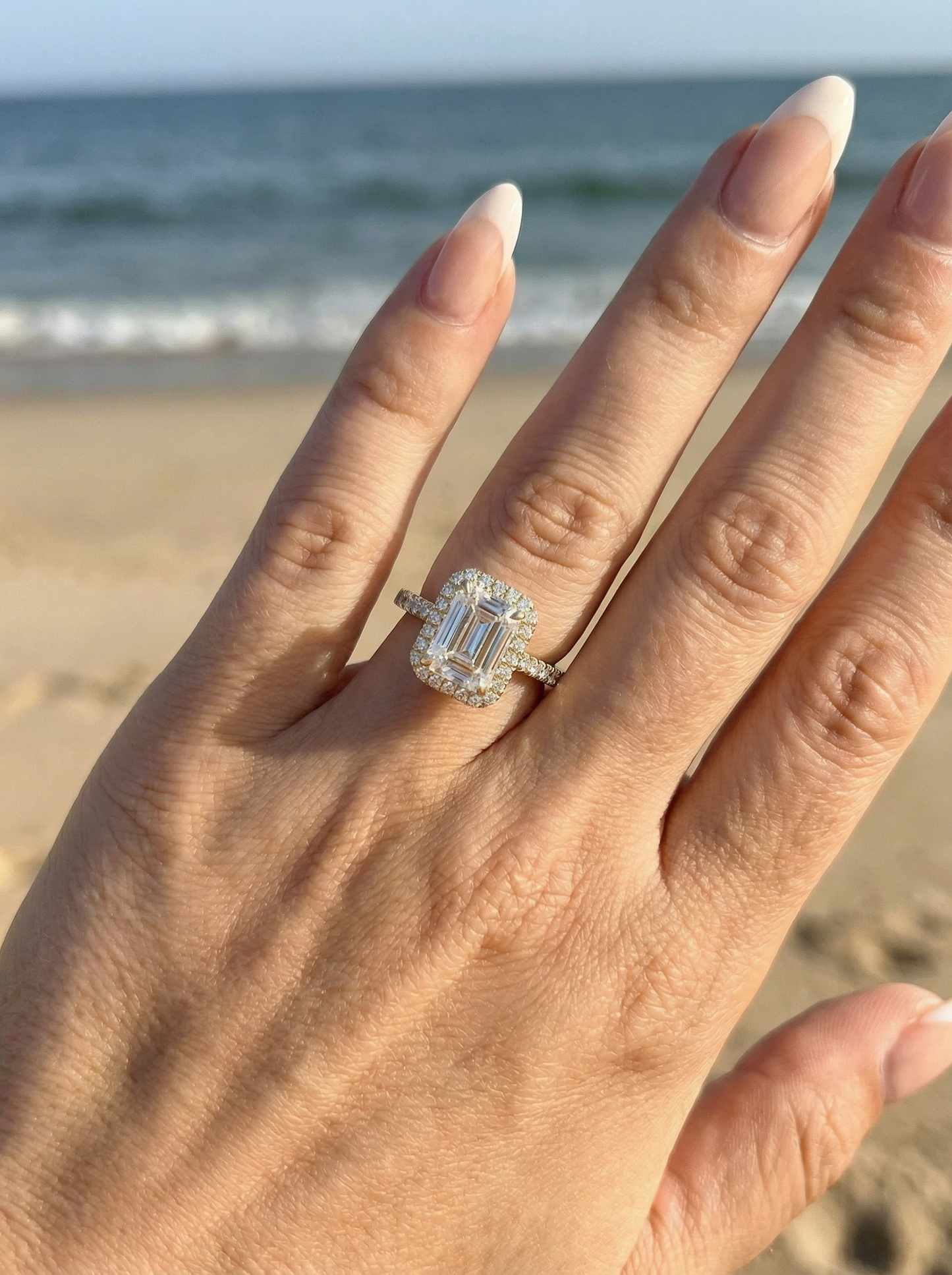 Emerald Halo Half Pavé Moissanite Engagement Ring