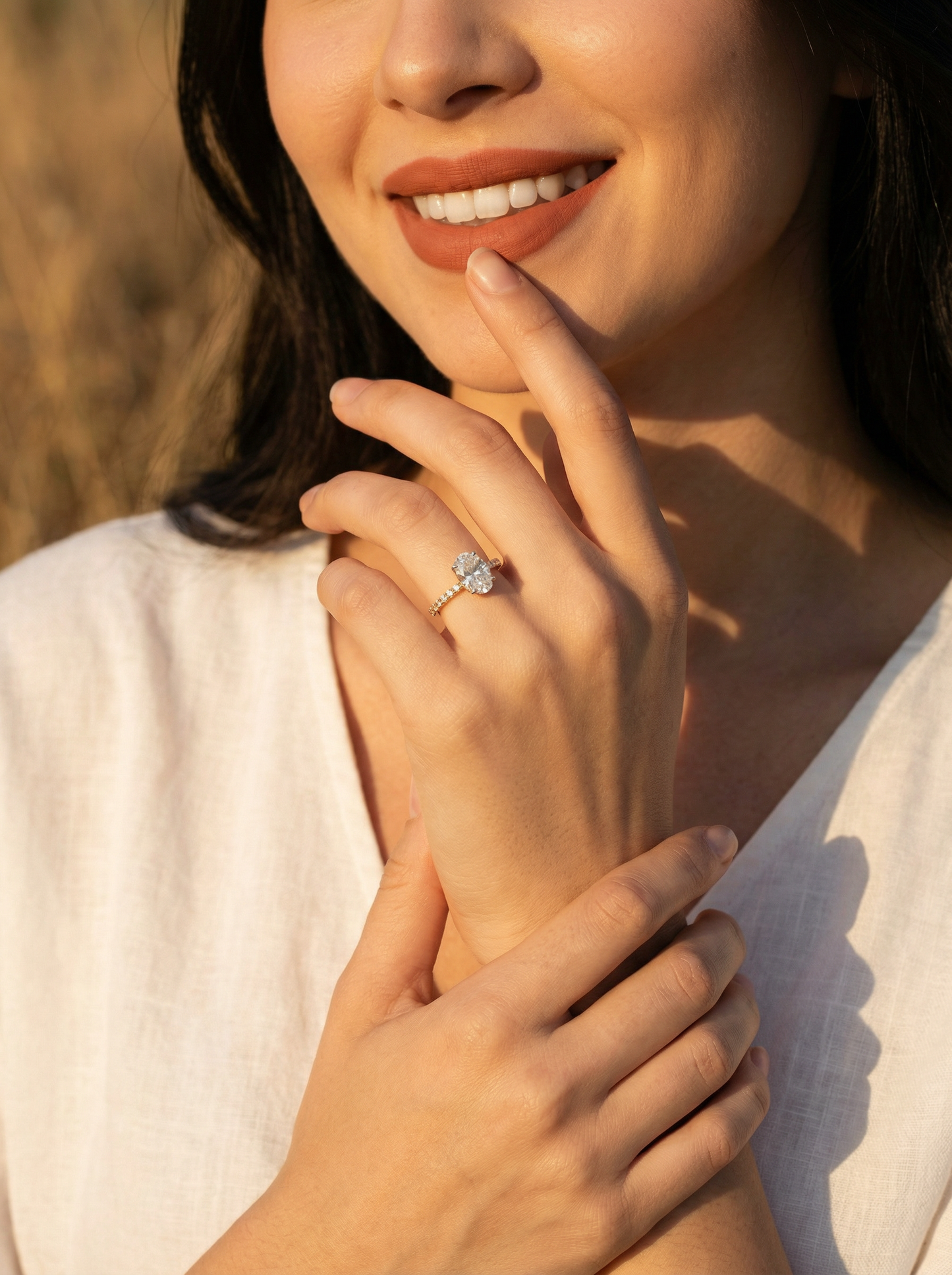Oval Half Pavè Hidden Halo Moissanite Engagement Ring