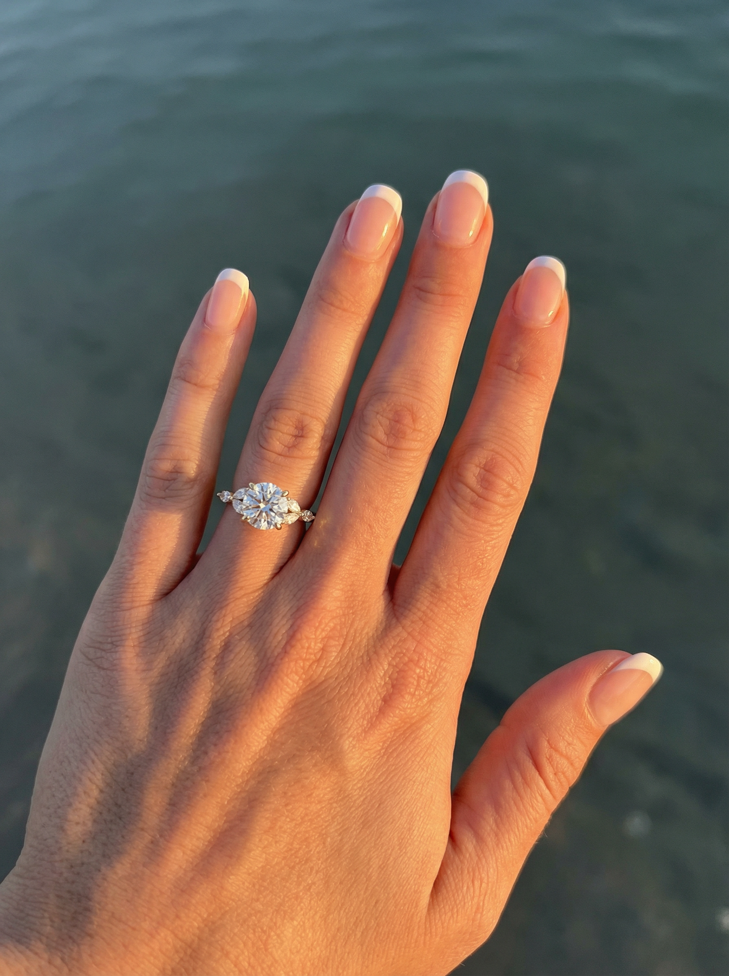 Round Triple Marquise Accent Stones Moissanite Engagement Ring