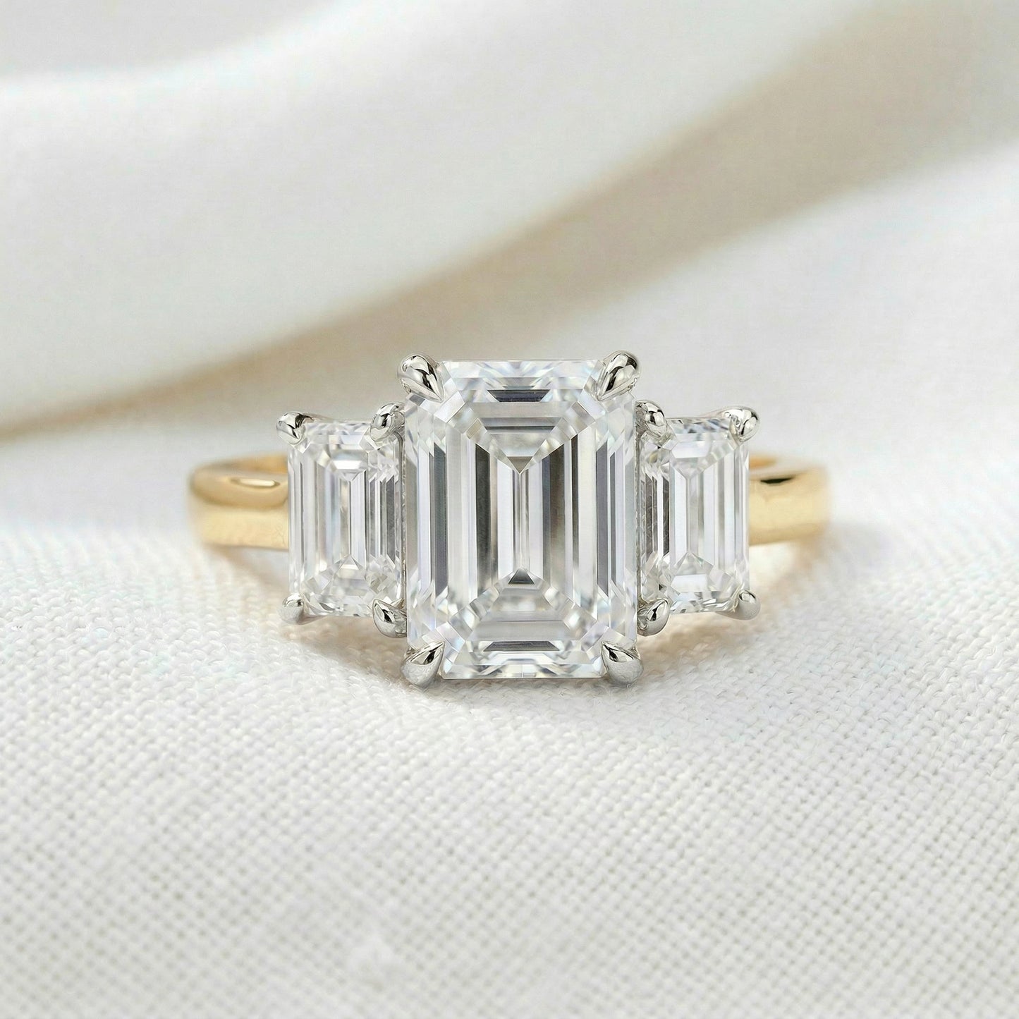 Emerald Platinum Trilogy Yellow Gold Band Moissanite Engagement Ring - Moissanite Engagement Rings