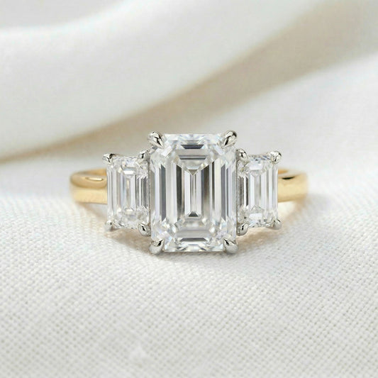 Emerald Platinum Trilogy Yellow Gold Band Moissanite Engagement Ring - Moissanite Engagement Rings