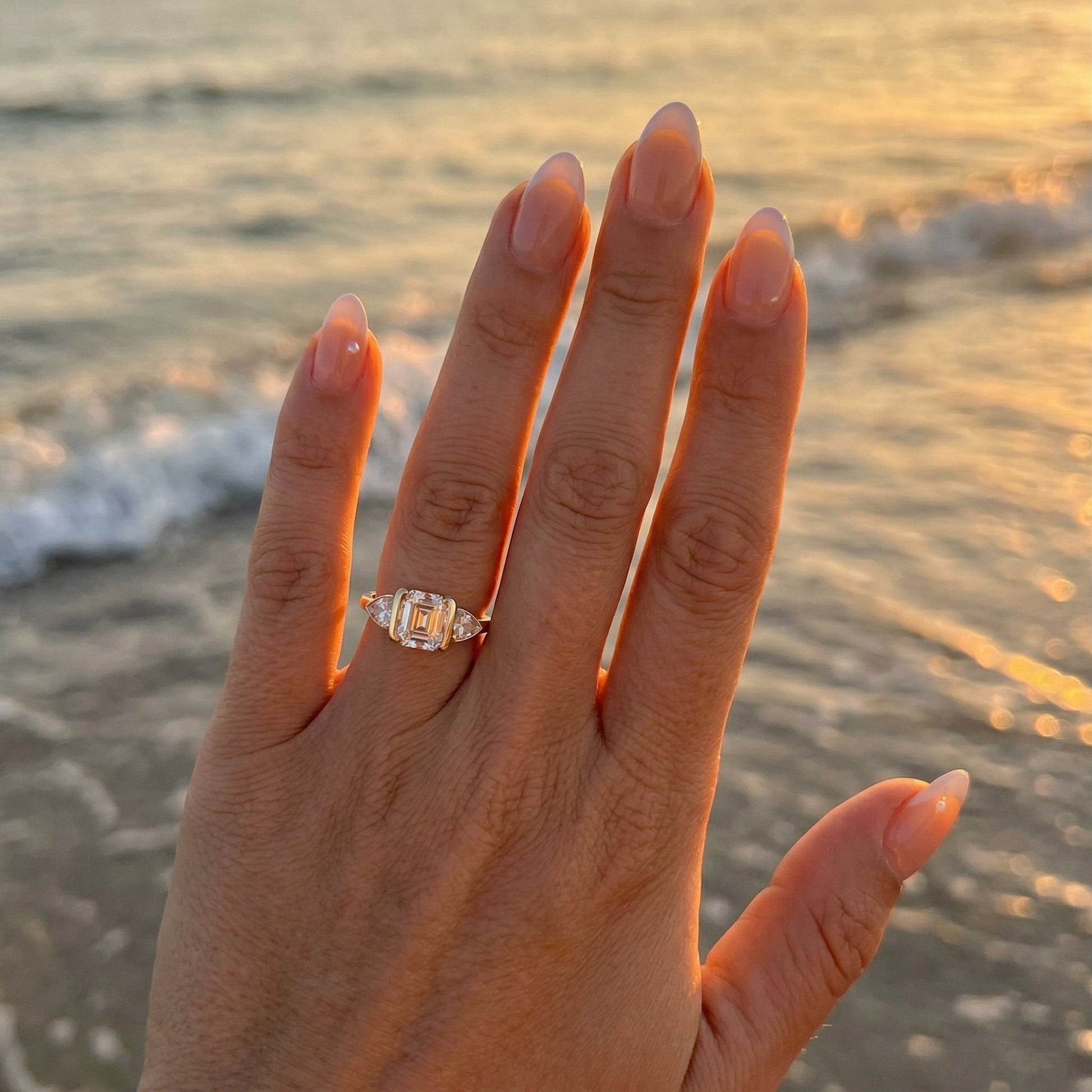 Asscher Trilogy Diamond Engagement Ring - Moissanite Engagement Rings