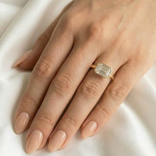East West Bezel Emerald Solitaire Moissanite Engagement Ring - Moissanite Engagement Rings