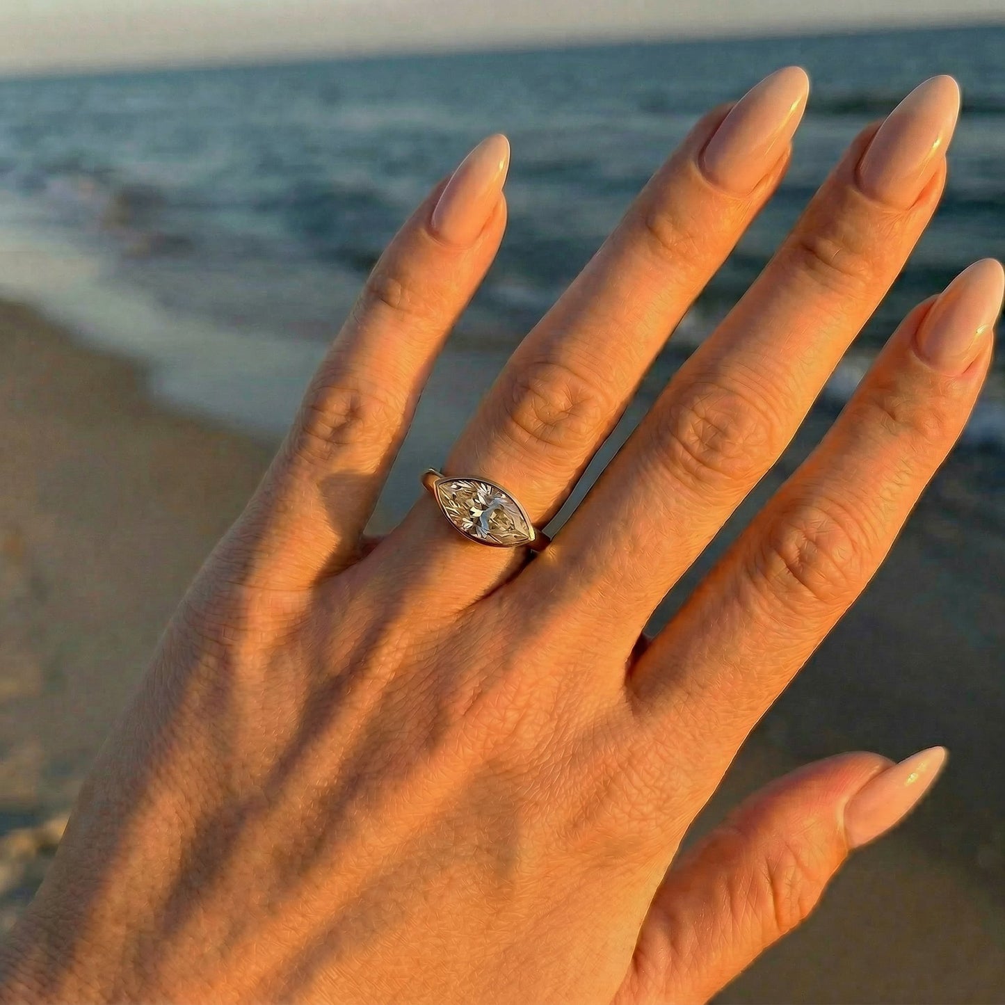 East West Bezel Marquise Solitaire Moissanite Engagement Ring