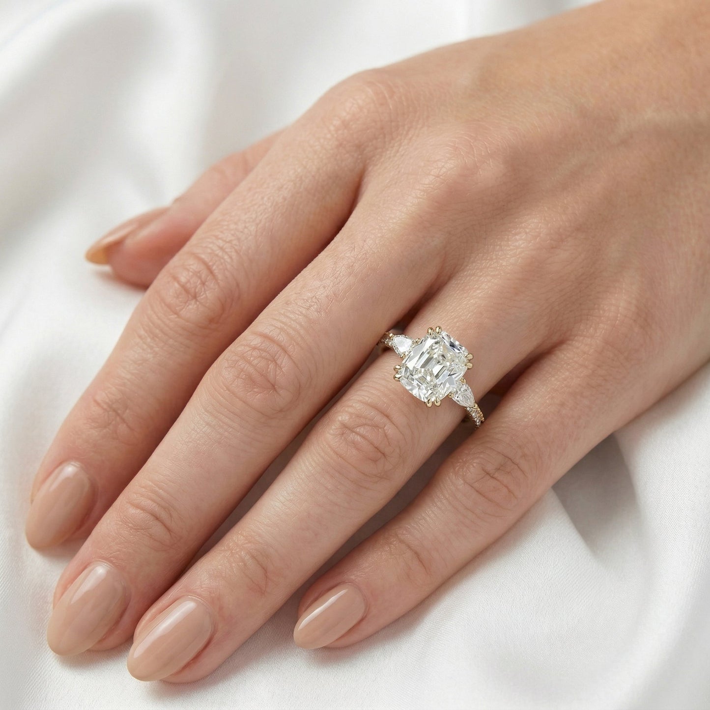 Elongated Cushion Trilogy Full Pavé Diamond Engagement Ring - Moissanite Engagement Rings