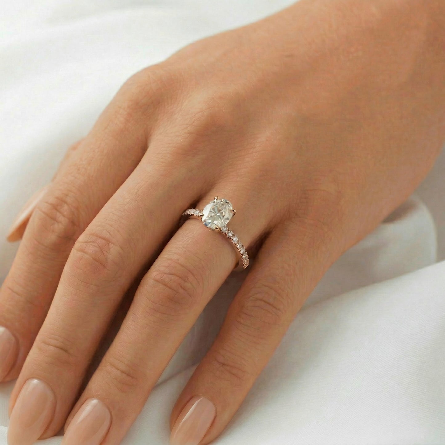 Oval Half Pavè Hidden Halo Diamond Engagement Ring