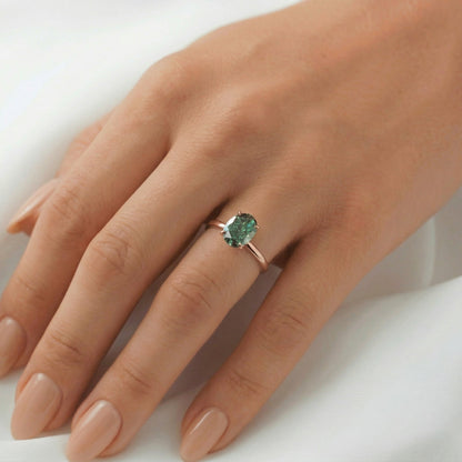 Oval Solitaire Blue-Green Emerald Moissanite Engagement Ring