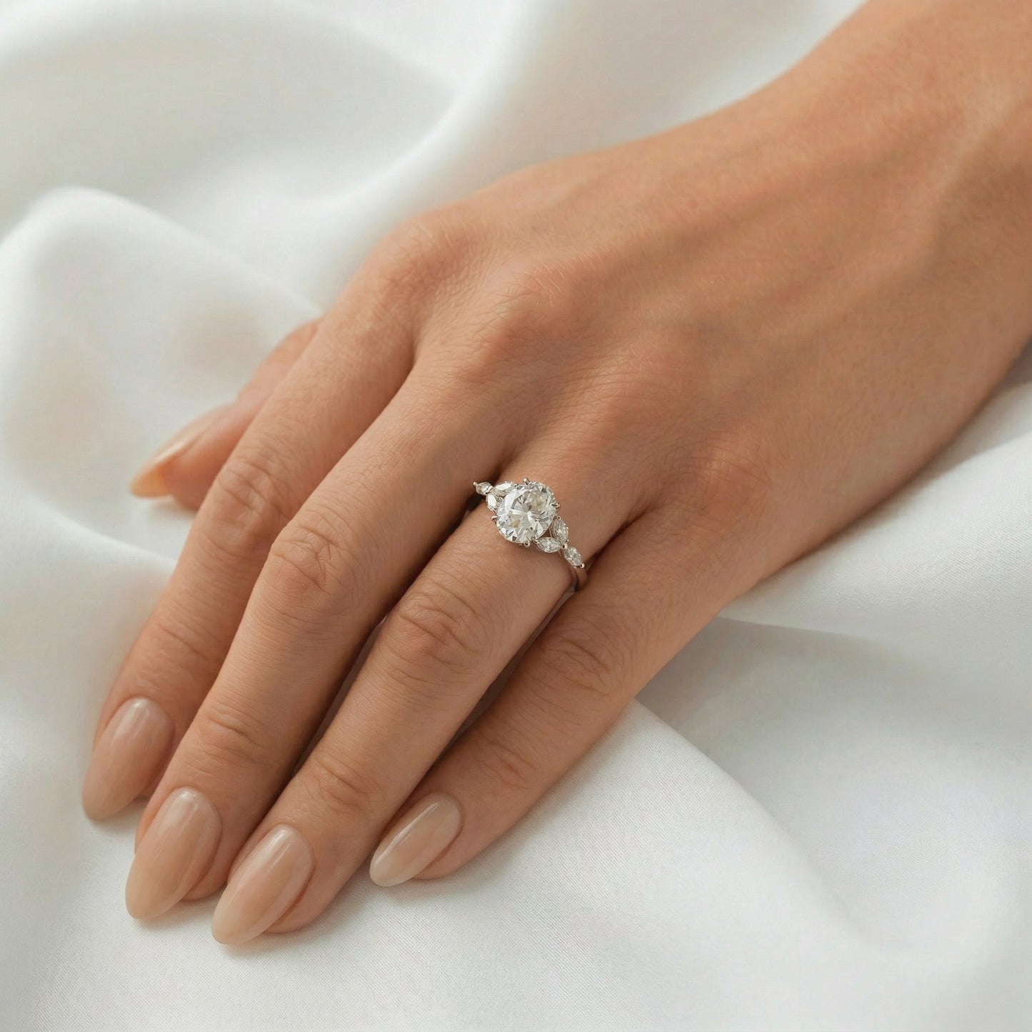 Oval Triple Marquise Accent Stones Moissanite Engagement Ring