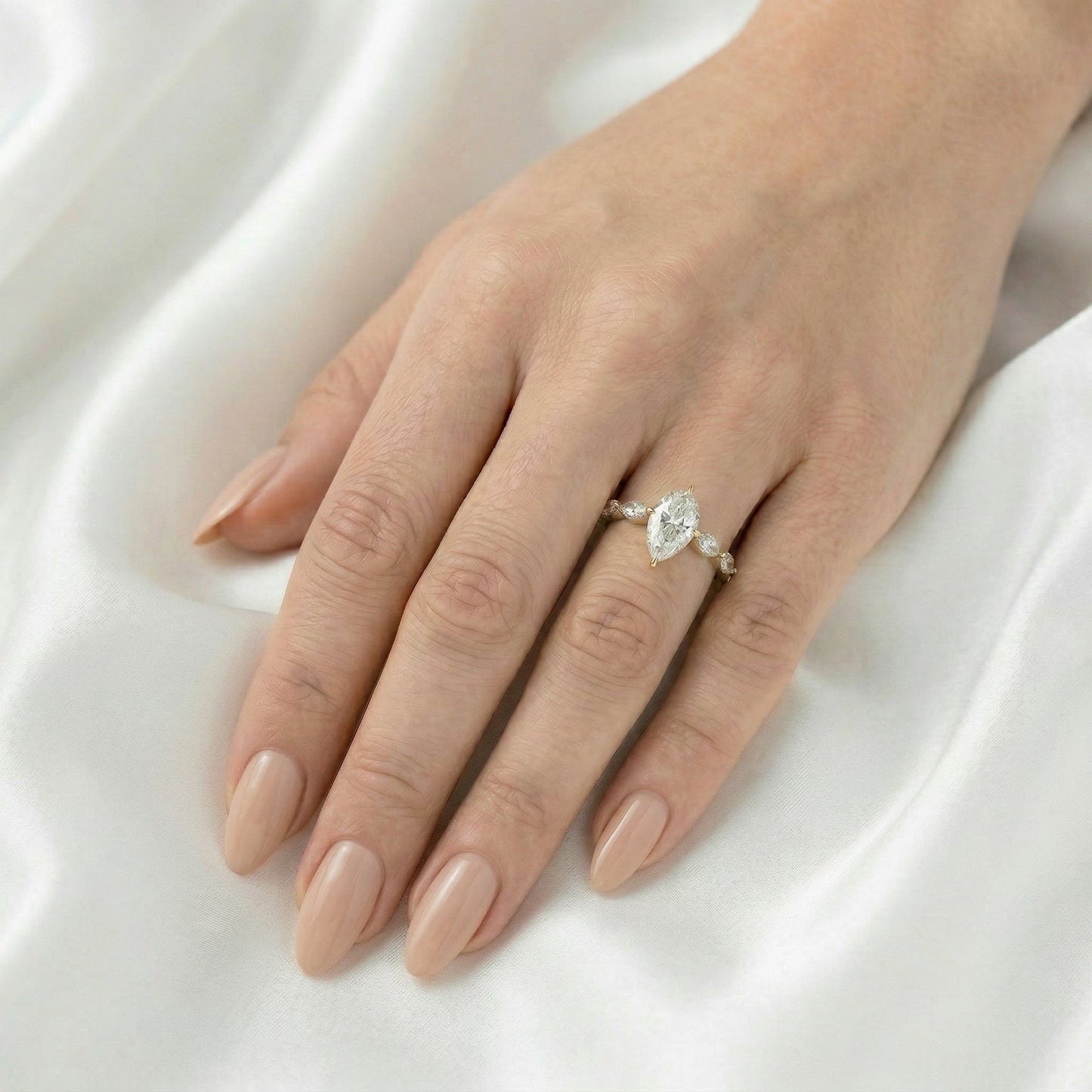 Pear Accent Stones Moissanite Engagement Ring