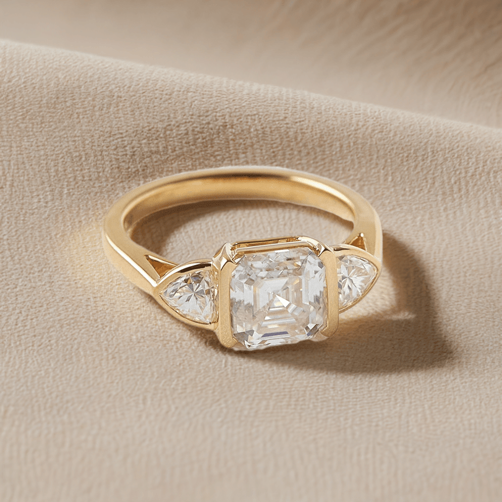 Asscher Trilogy Diamond Engagement Ring - Moissanite Engagement Rings