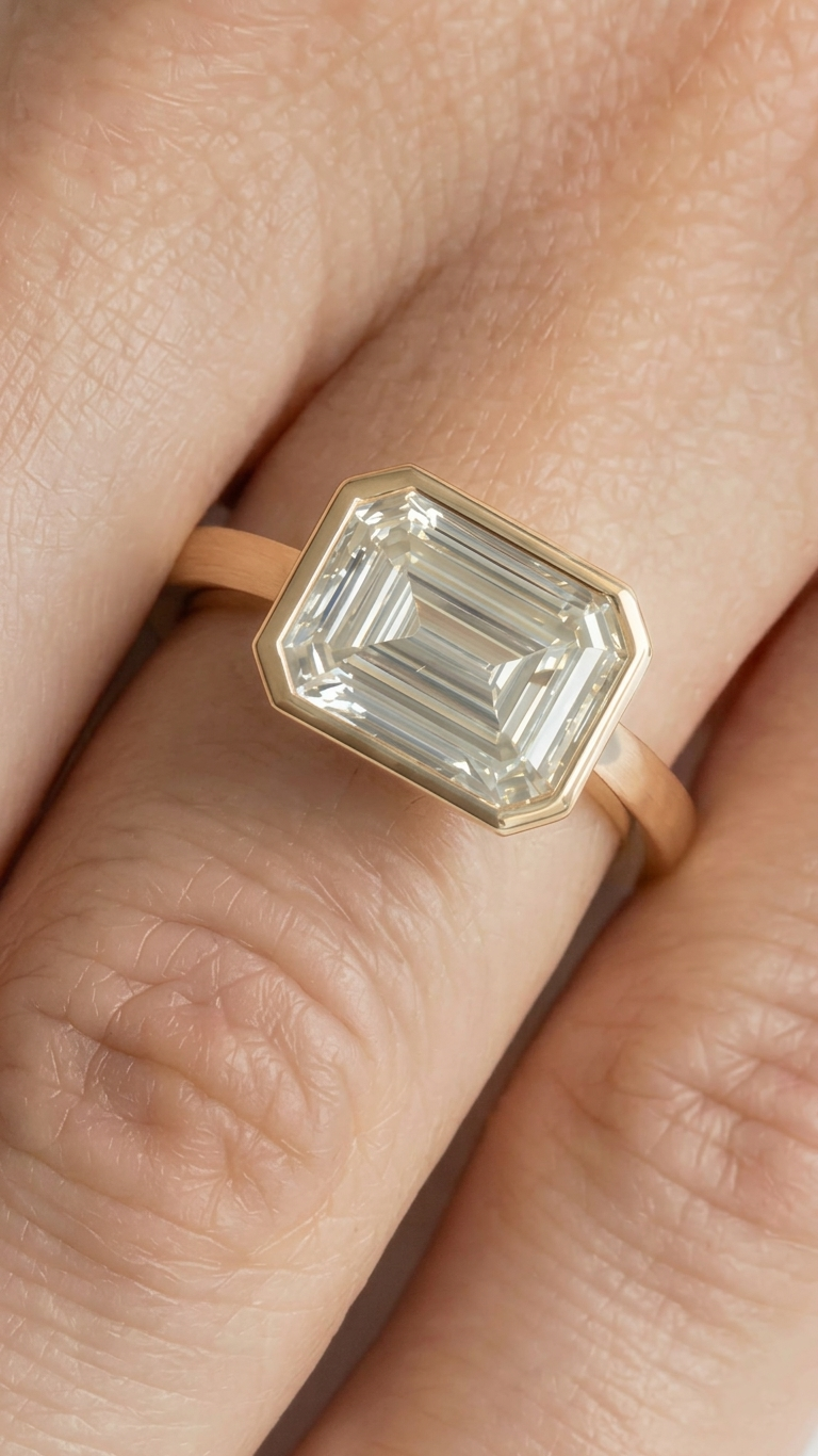 East West Bezel Emerald Solitaire Moissanite Engagement Ring