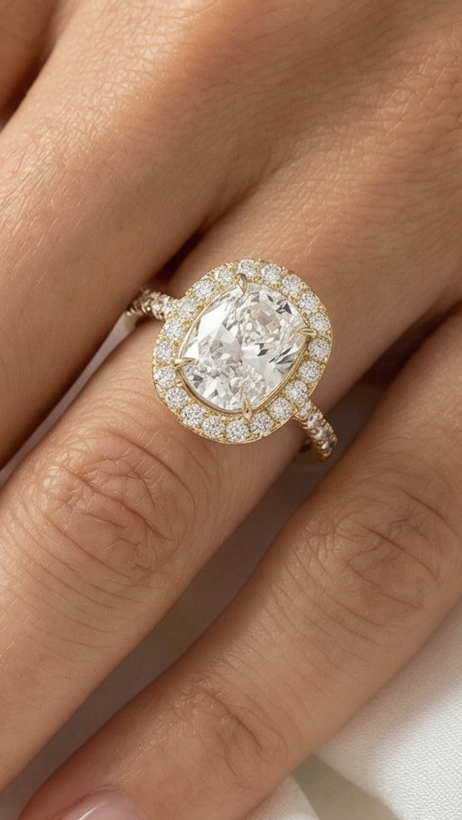 Elongated Cushion Halo Full Pavé Moissanite Engagement Ring