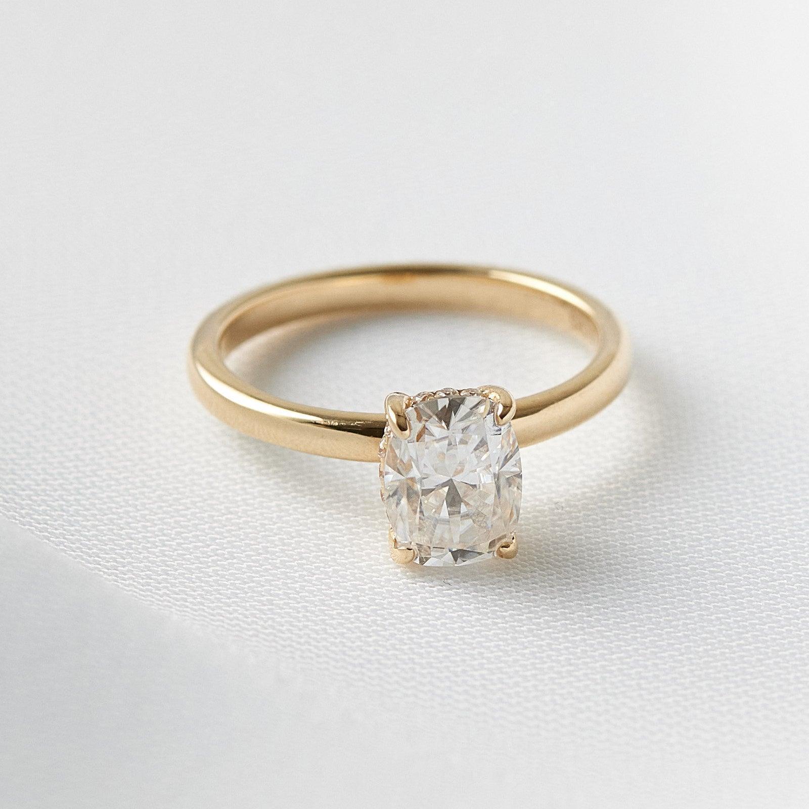 Elongated Cushion Hidden Halo Diamond Engagement Ring - Moissanite Engagement Rings