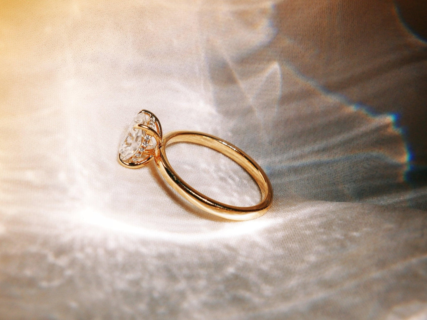 Elongated Cushion Hidden Halo Diamond Engagement Ring - Moissanite Engagement Rings