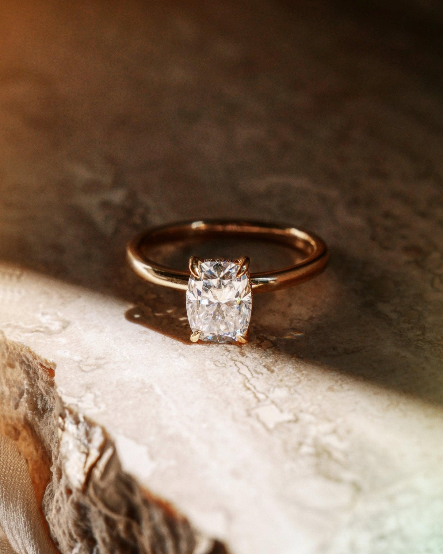 Elongated Cushion Hidden Halo Diamond Engagement Ring - Moissanite Engagement Rings