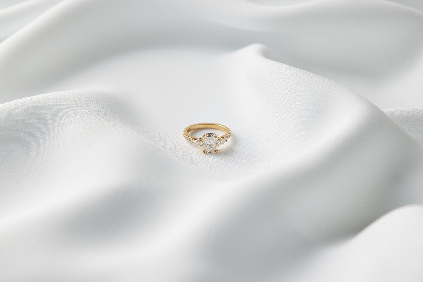 Elongated Cushion Pear Setting 2/3 Pavé Diamond Engagement Ring - Moissanite Engagement Rings