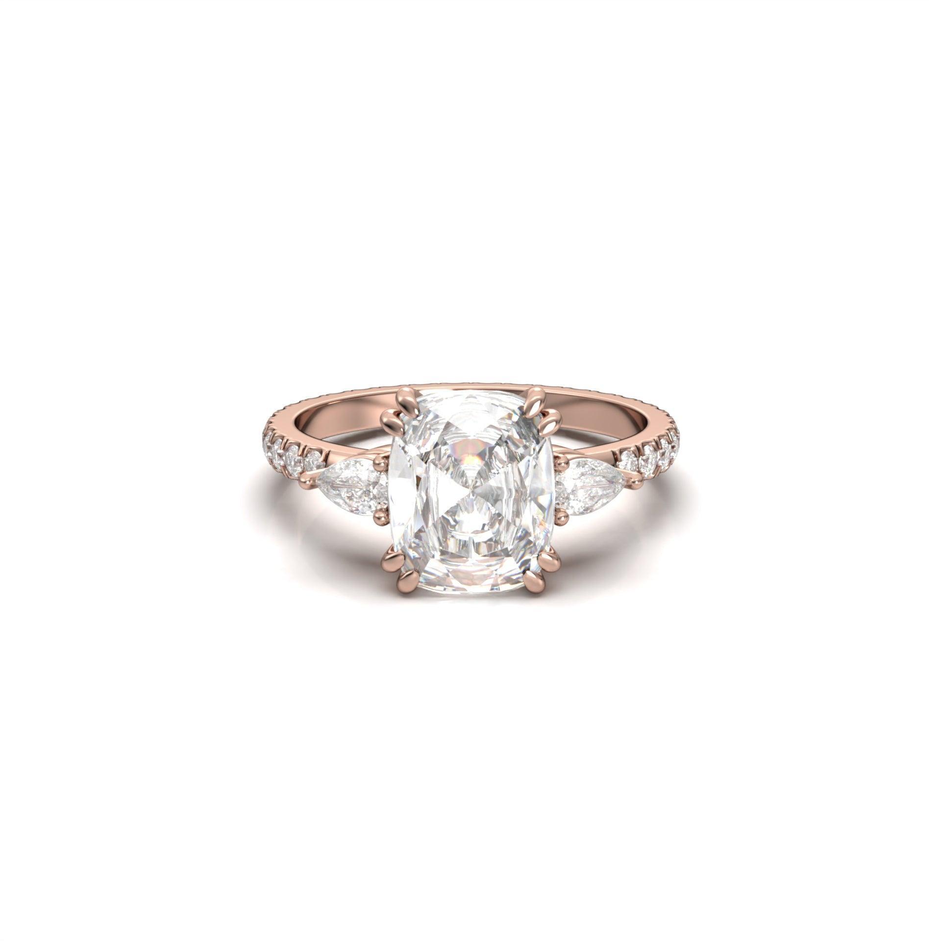 Elongated Cushion Pear Setting 2/3 Pavé Diamond Engagement Ring - Moissanite Engagement Rings