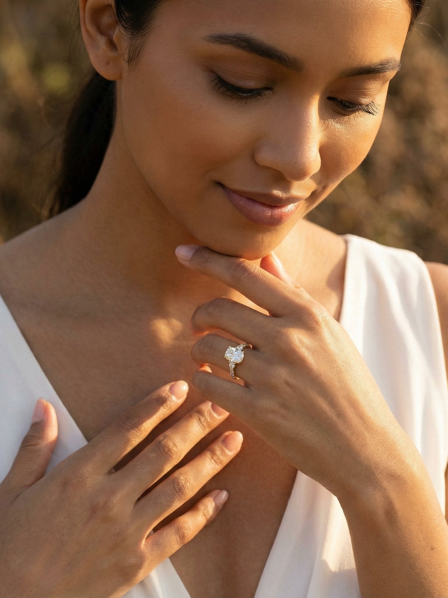 Elongated Cushion Pear Setting 2/3 Pavé Diamond Engagement Ring