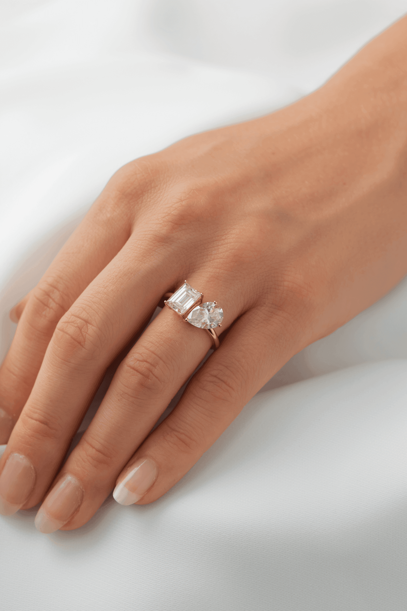 Emerald & Pear Cut Two - Stone Moissanite Engagement Ring - Ready To Ship - Moissanite Engagement Rings
