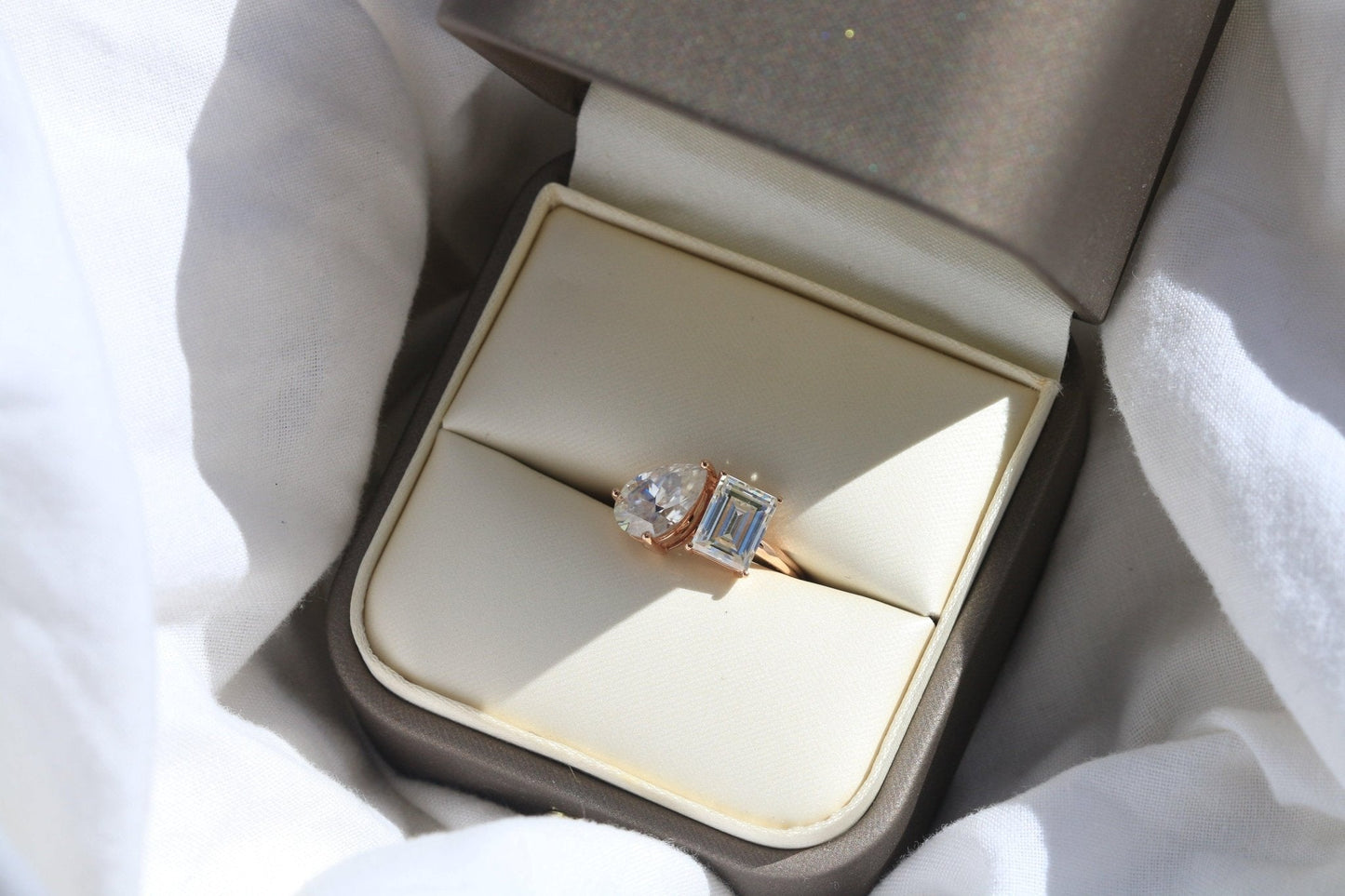Emerald & Pear Cut Two - Stone Moissanite Engagement Ring - Ready To Ship - Moissanite Engagement Rings