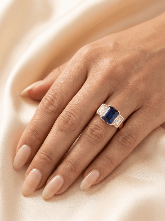 Emerald Blue Trilogy Moissanite Engagement Ring — Guthrie Jewellery