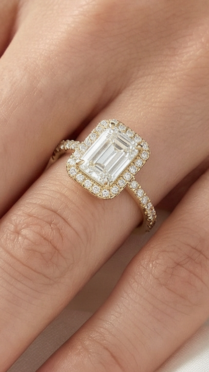 Emerald Halo Half Pavé Moissanite Engagement Ring