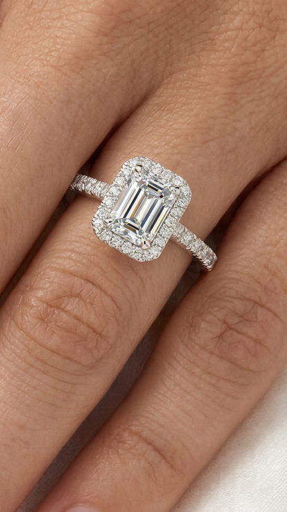 Emerald Halo Half Pavé Moissanite Engagement Ring