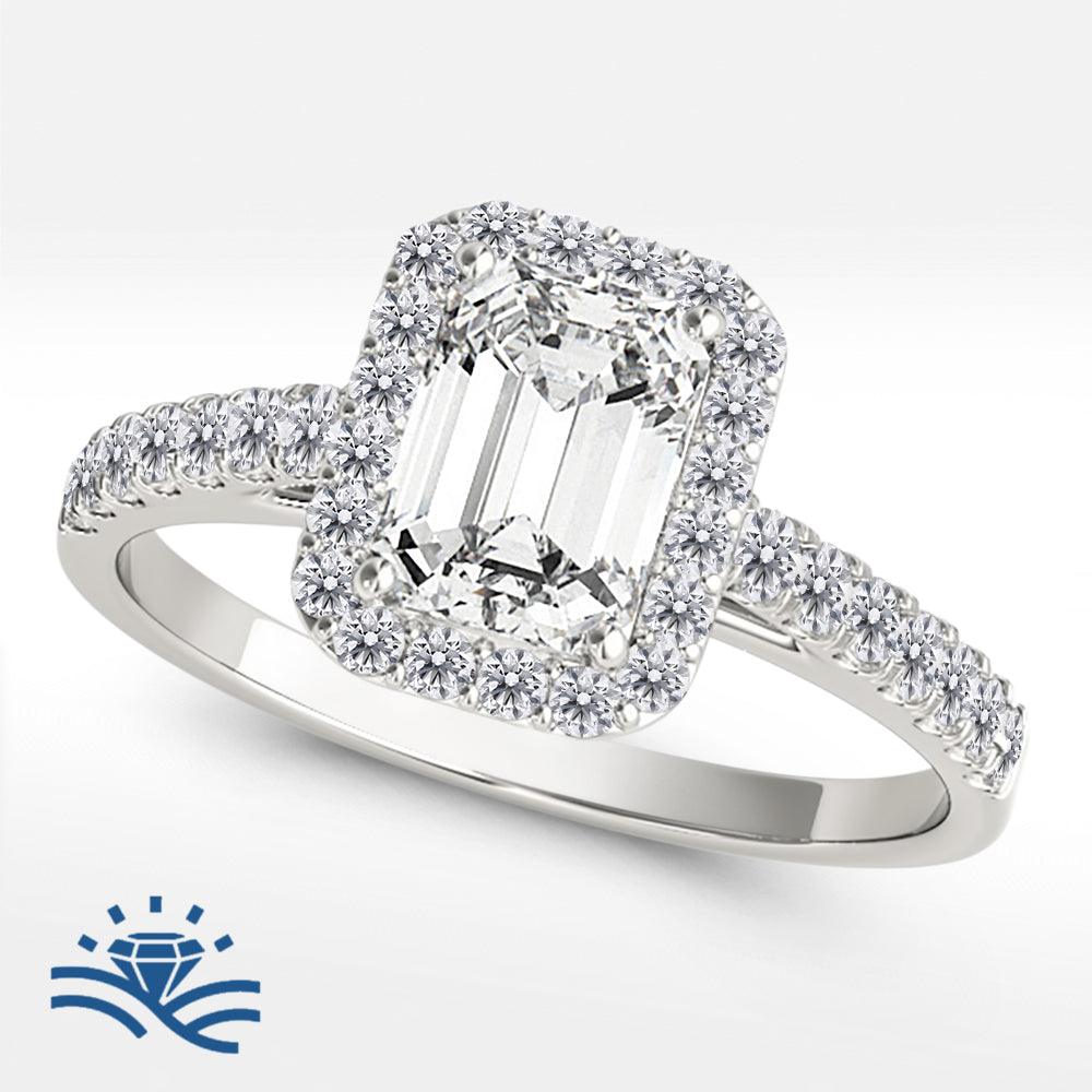 Emerald Halo Half Pavé Moissanite Engagement Ring - Moissanite Engagement Rings