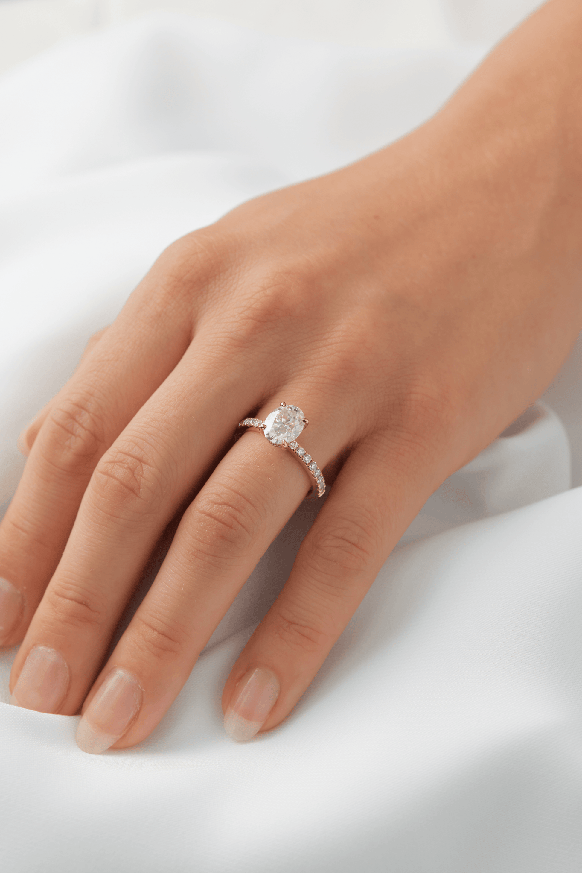 Oval 4 Claw Half Pavè Hidden Halo Moissanite Engagement Ring - Ready To Ship - Moissanite Engagement Rings