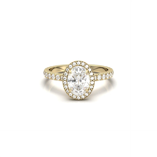 Oval Halo With Full Pavé 14K Yellow Gold Ready To Ship Moissanite Engagement Ring - Moissanite Engagement Rings