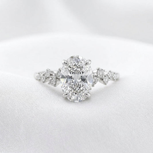 Oval Side Stone Moissanite Engagement Ring - Moissanite Engagement Rings