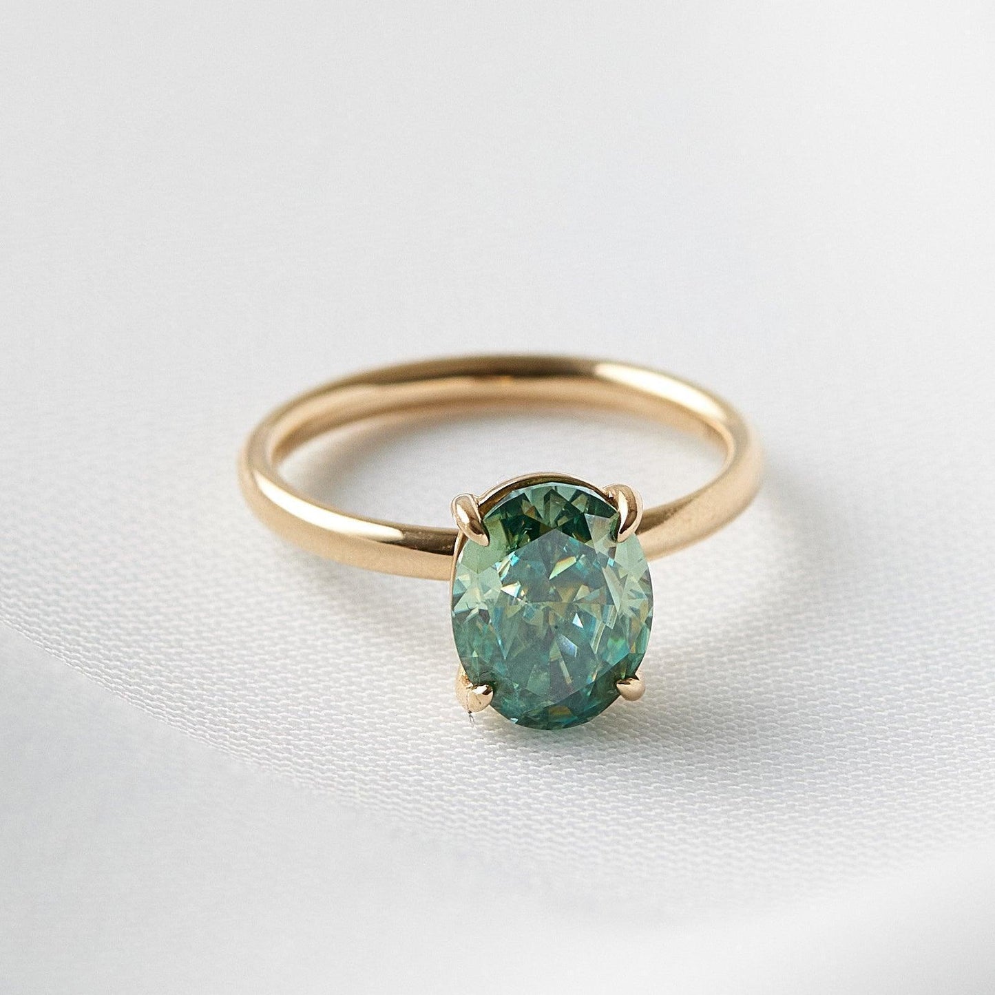 Oval Solitaire Blue - Green Emerald Moissanite Engagement Ring - Moissanite Engagement Rings