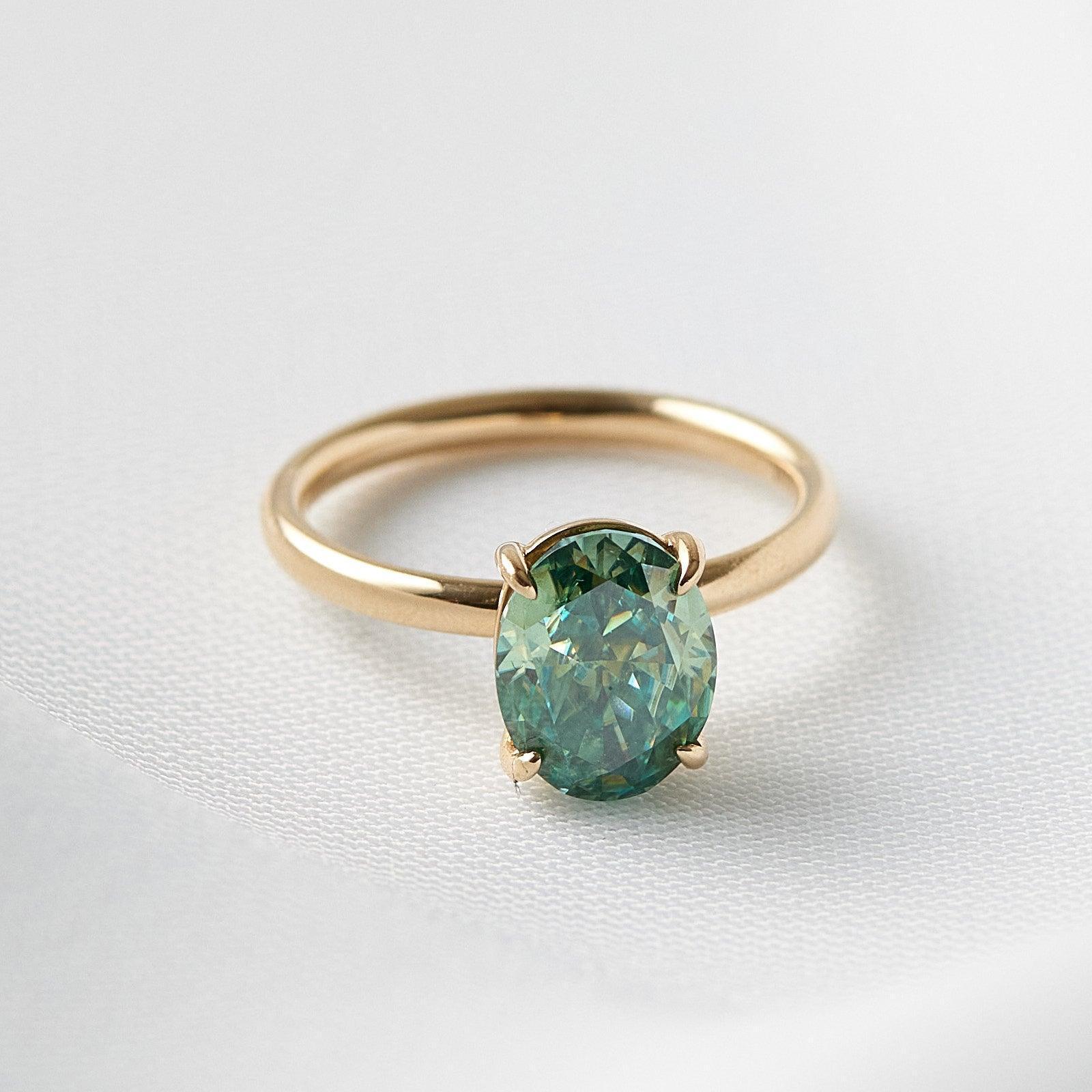 Oval Solitaire Blue - Green Emerald Moissanite Engagement Ring - Moissanite Engagement Rings