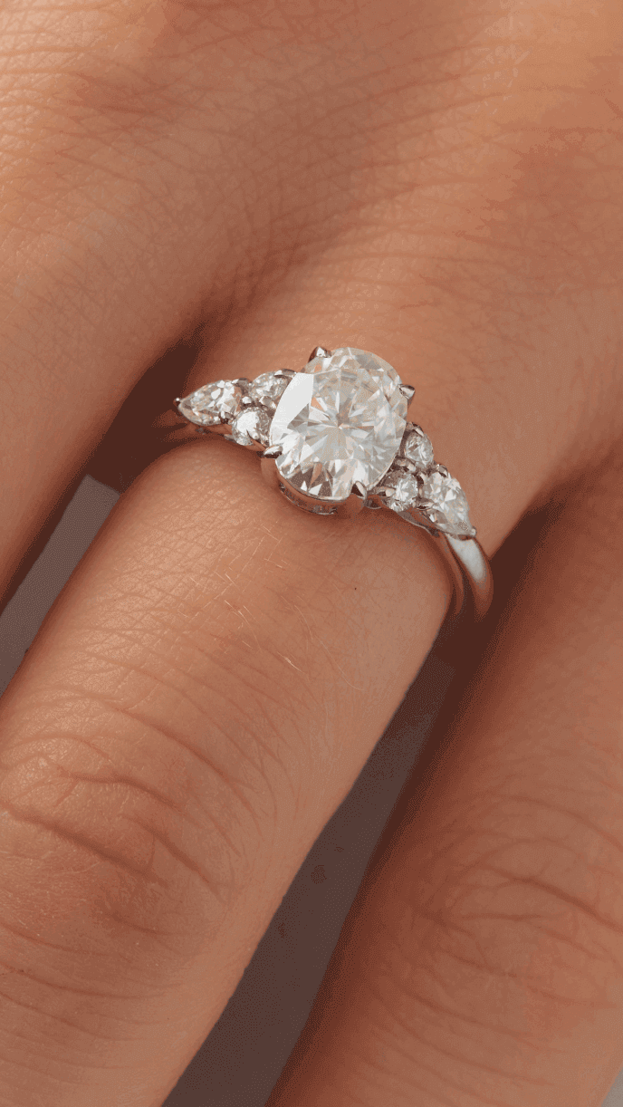 Oval Trio Accent Stones Diamond Engagement Ring - Moissanite Engagement Rings