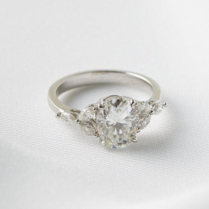 Oval Triple Marquise Accent Stone Moissanite Engagement Ring - Ready To Ship - Moissanite Engagement Rings