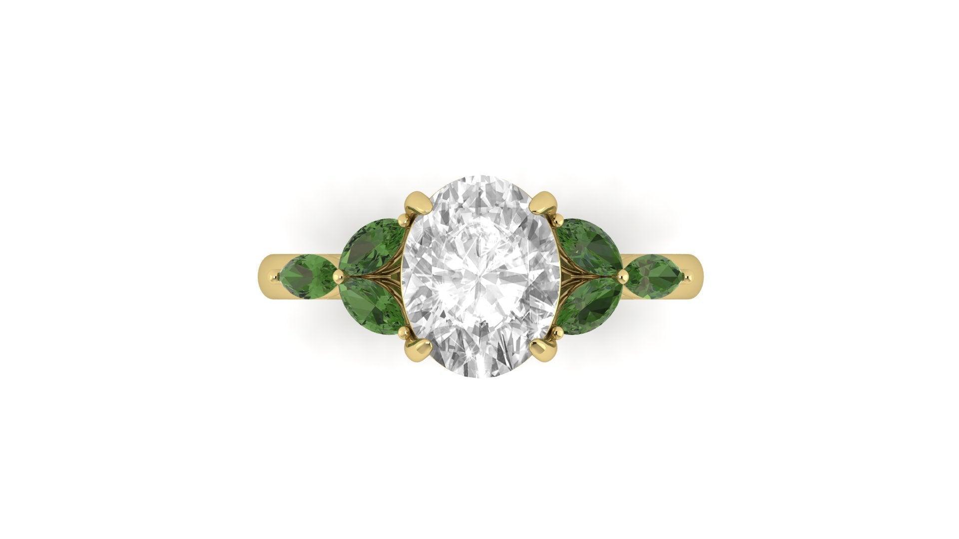 Oval Triple Marquise Accent Stones Green Engagement Ring - Guthrie Jewellery