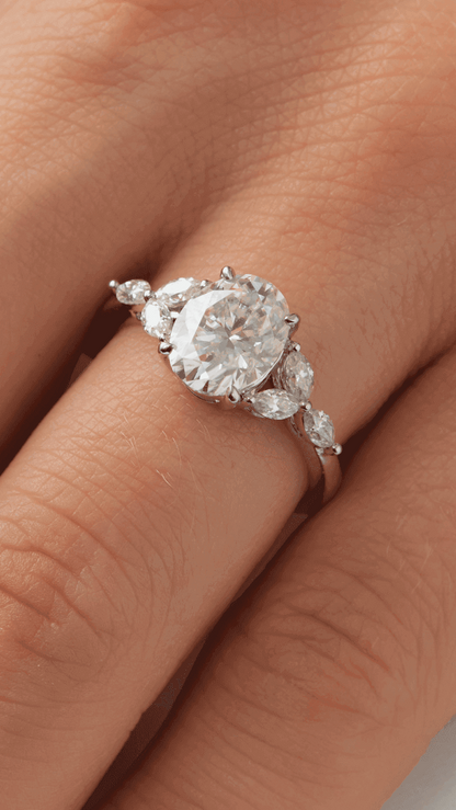 Oval Triple Marquise Accent Stones Moissanite Engagement Ring - Moissanite Engagement Rings