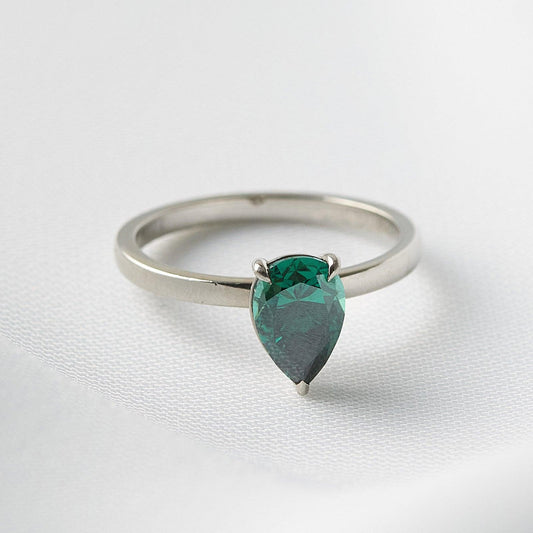 Pear Solitaire Dark Emerald Moissanite Engagement Ring - Ready To Ship - Moissanite Engagement Rings