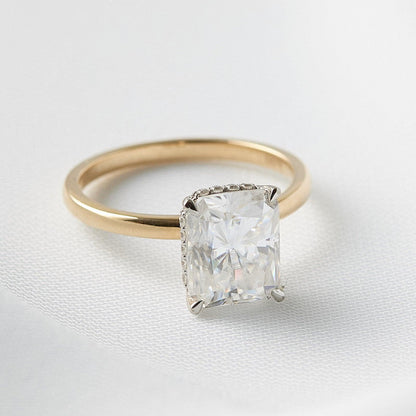 Radiant Hidden Halo Diamond Engagement Ring - Moissanite Engagement Rings