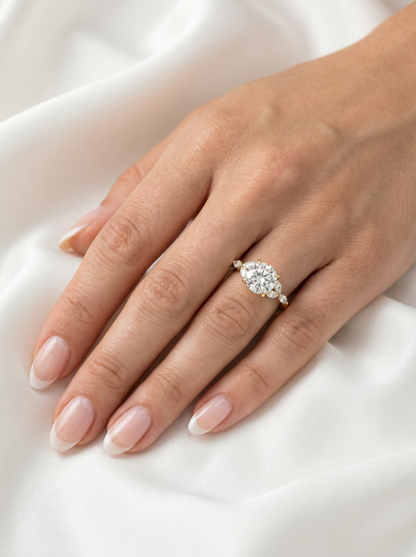 Round Triple Marquise Accent Stones Moissanite Engagement Ring